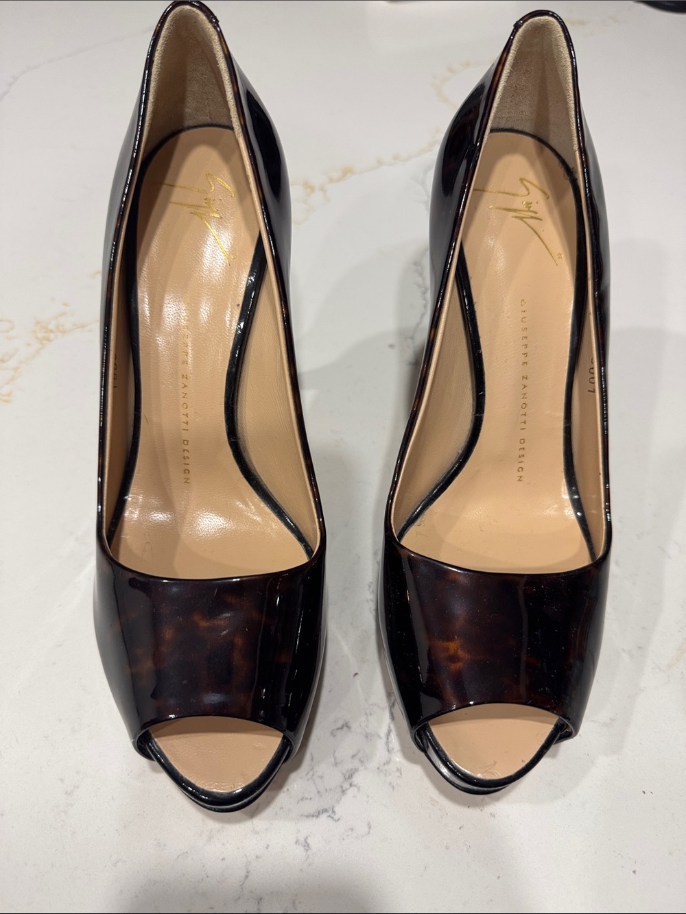 Giuseppe Zanotti Black Tortoiseshell Patent Peep-Toe Heels